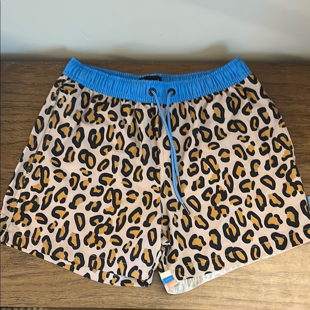 Staunch Outfitters Leopard Print Kids/Mens Swim Trunks with Blue Waistband